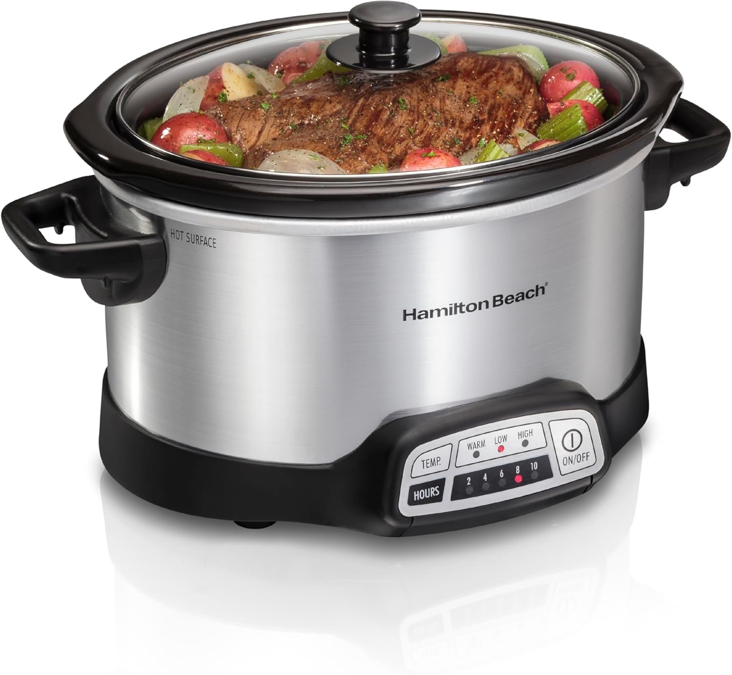 Hamilton Beach Set & Forget 4 Quart Programmable Slow Cooker | Flexible Cooking Options With 3 Heat and 5 Time Settings | Dishwasher-Safe Stoneware Crock & Glass Lid | Silver