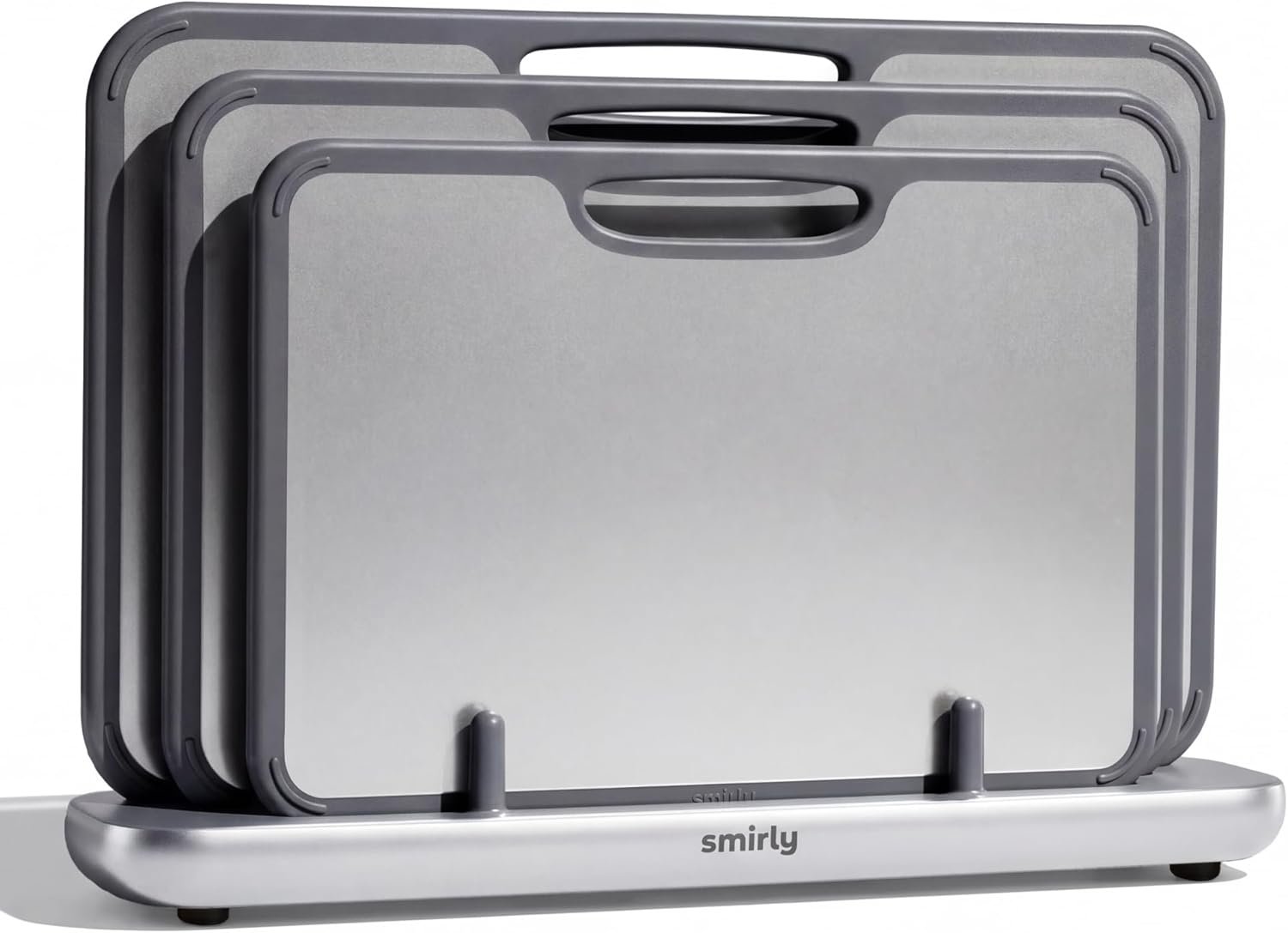 SMIRLY Titanium Cutting Board for Kitchen, with Holder, 3 Pack, Silver | Food-grade Titanium Surface with a Non-porous, Double-sided Design for Easy Cleaning and Hygienic Food Prep
