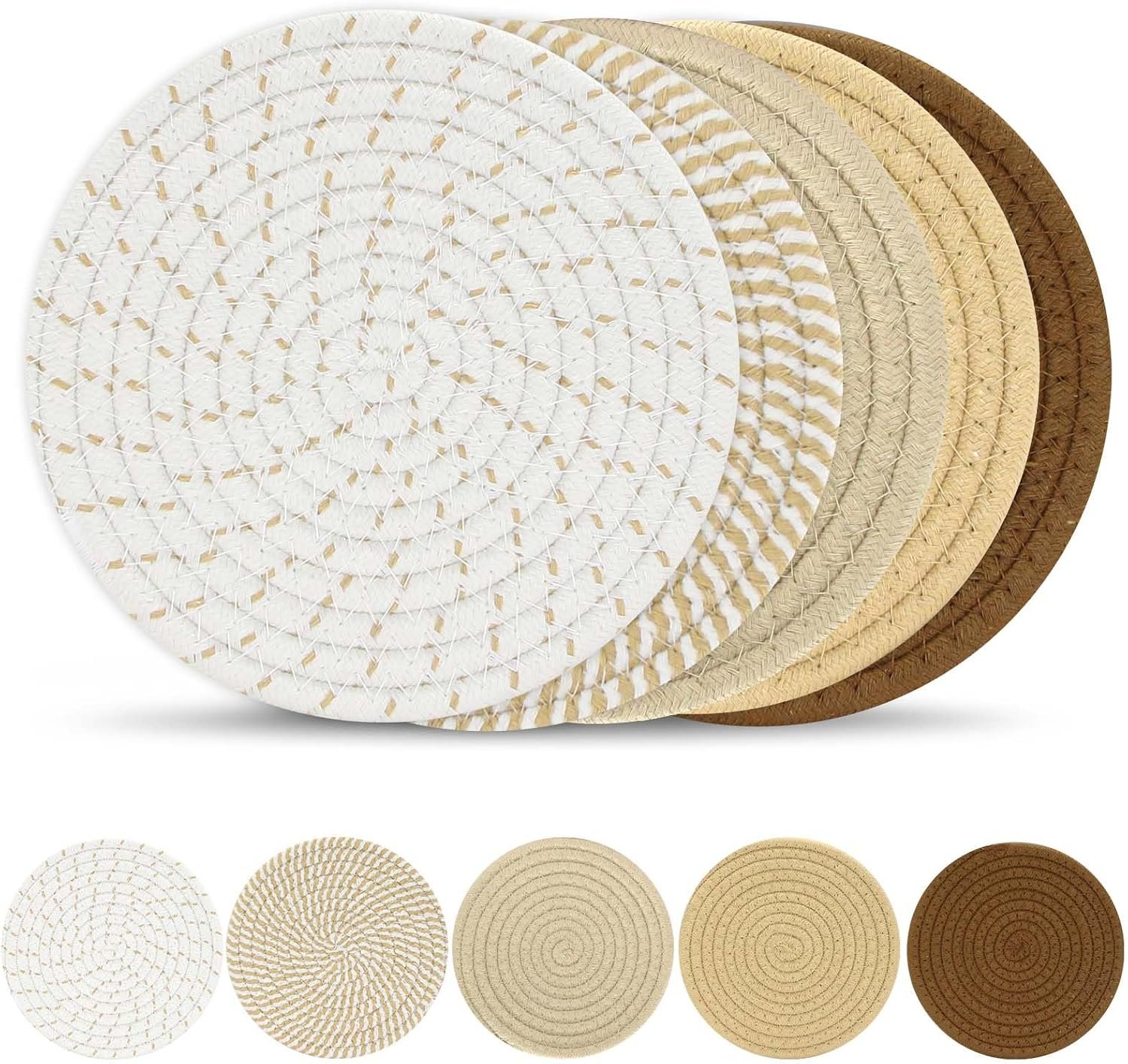 7″ Trivets for Hot Dishes,Pots and Pans | Trivet Set of 5,Cotton Woven Heat Resistant Plate Mat Pot Holder for Kitchen, Anti-Stain Hot Pads for Countertops