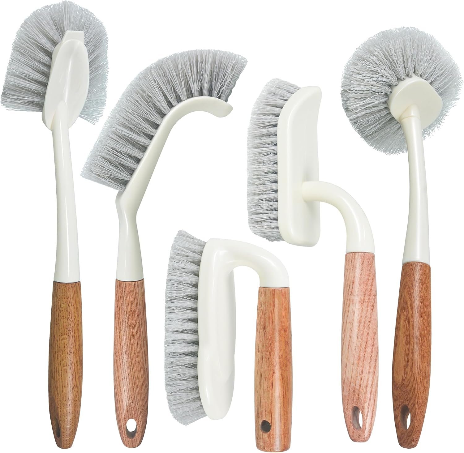 5-Pack Heavy Duty Scrub Brushes Set with Wooden Handles | Multi-Surface Scrubber for Kitchen,Bathroom,Tile & Grout,Includes Spherical,Triangle,Square & Dish Brush for Stubborn Stains
