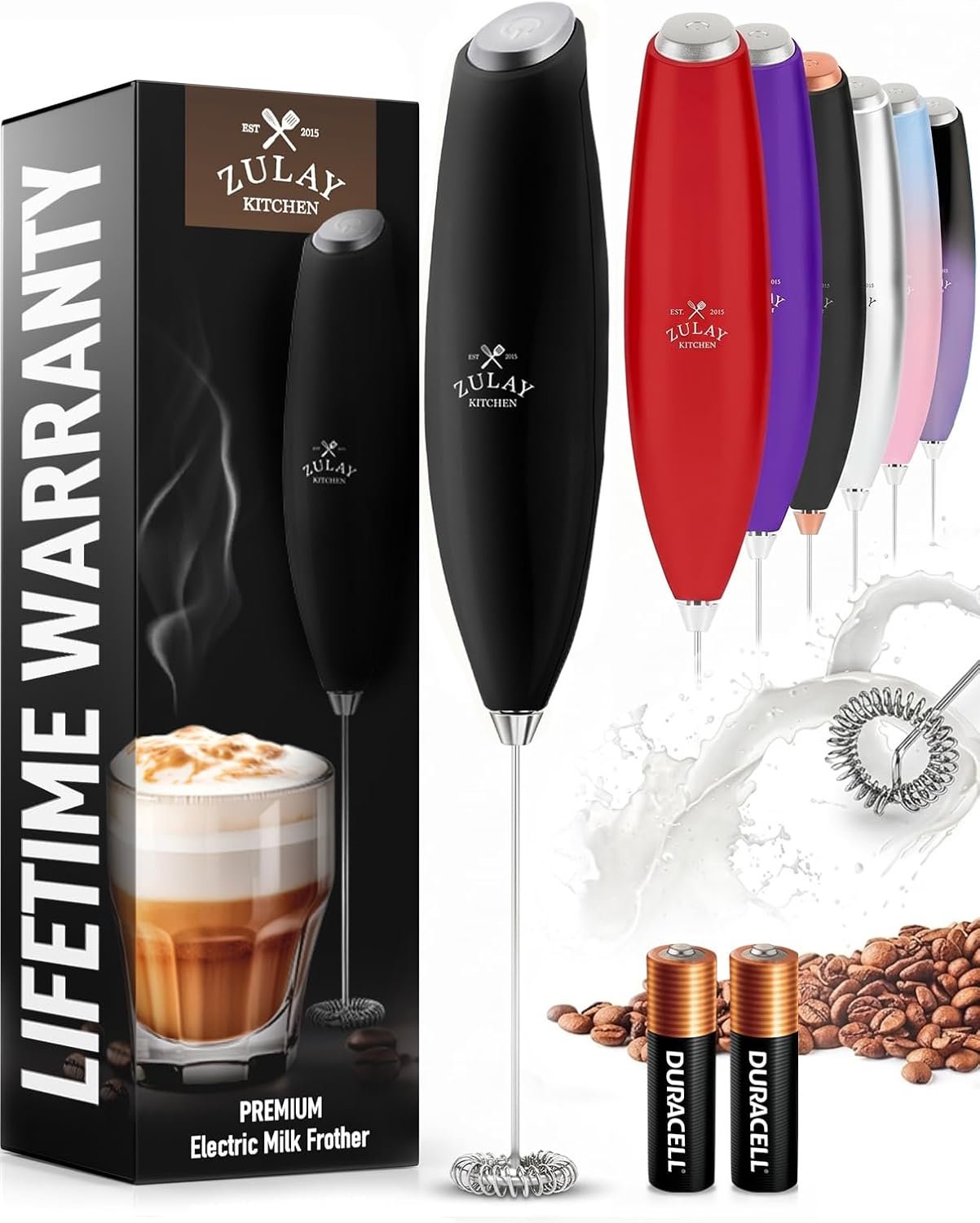 Zulay Kitchen Milk Frother Handheld Electric Whisk – Frother Wand with 2 Duracell Batteries, Durable Drink Mixer, Coffee Frother, Hand Blender, Frother for Protein Powder, Matcha & More – Black