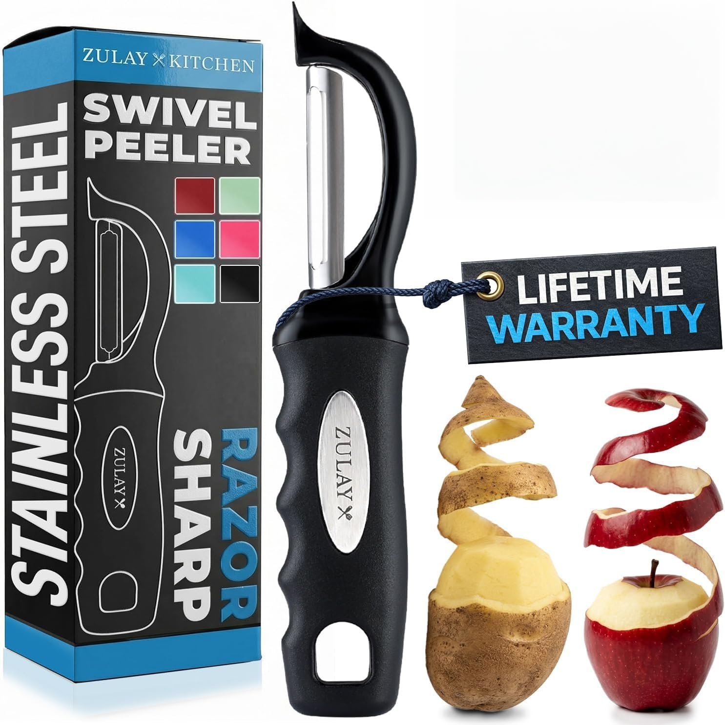 Zulay Kitchen Premium Vegetable Peeler for Kitchen – Swivel Peeler with Razor Sharp Stainless Steel Blades & Strong Ergonomic Handle – Dishwasher Safe, Easy To Use with Blemish Remover – Black