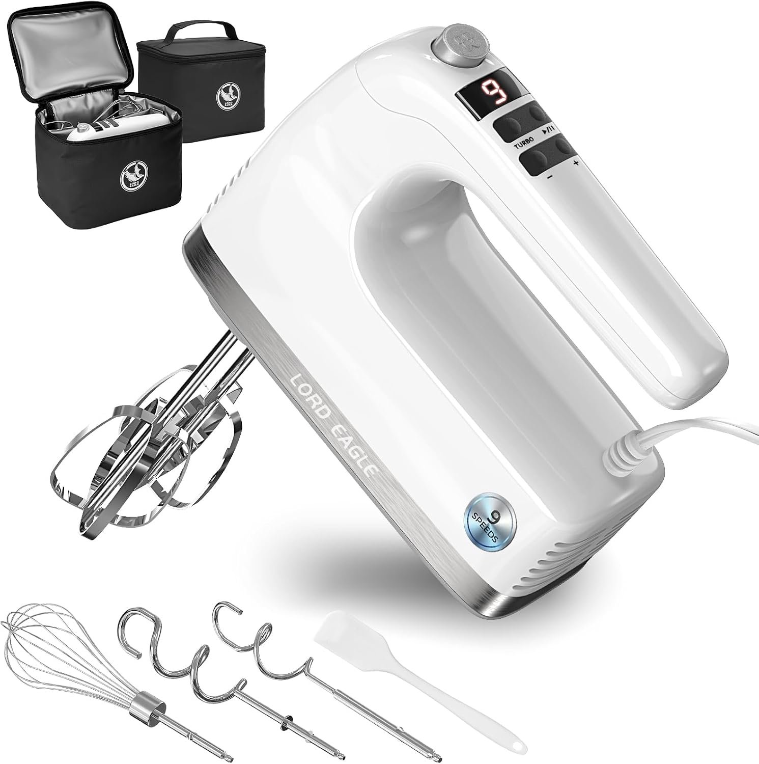 Lord Eagle 9-Speed Digital Hand Mixer Electric Handheld, 500W DC Motor | Kitchen Mixer for Cake Baking, Lightweight Egg Beaters with Stain-resistant & Waterproof Storage Bag & 6 Accessories