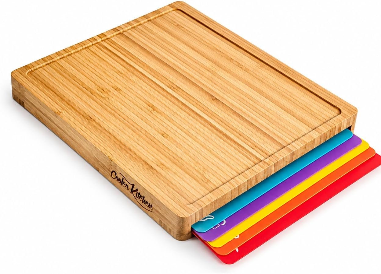 Bamboo Cutting Board Set with 6 Color Coded Flexible Mats Food Icons, BPA-Free Non Slip Easy Clean Cutting Boards for Kitchen with Holder, Dishwasher Safe, Meal Prep & Serving, Large | Cooler Kitchen