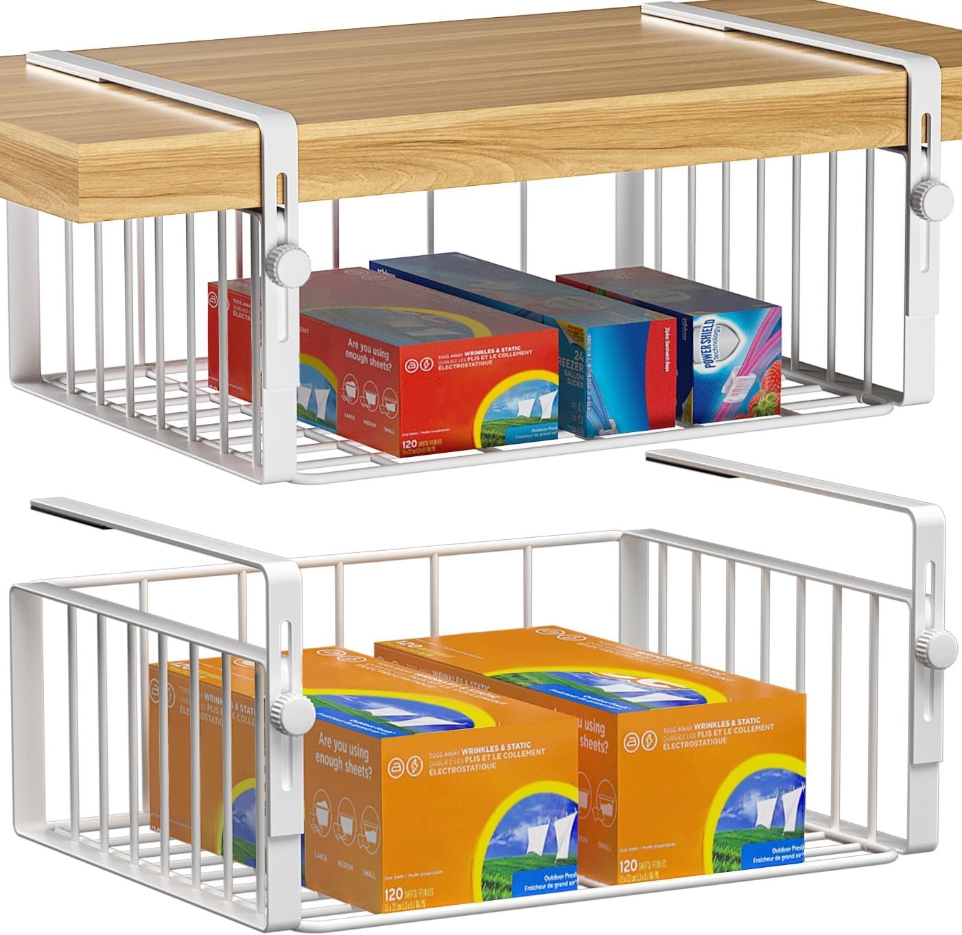 AmonHouseware 2Pack Under Shelf Basket Storage,Adjustable Hanging,White | Under Cabinet Shelf Add-on, Slide-in Baskets,Organizer for Laundry Room Kitchen Pantry Desk Bookshelf Counter Cupboard