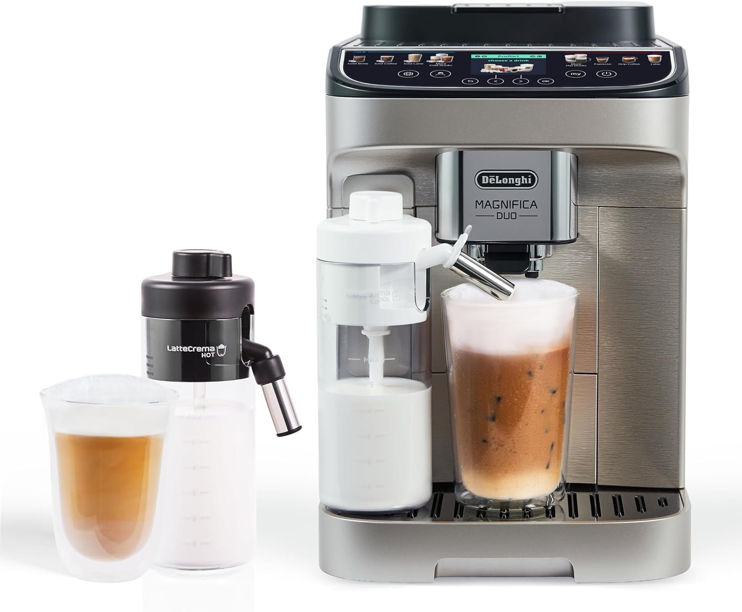 De’Longhi Magnifica Duo Automatic Espresso Machine, Milk Frother, Silver | #1 Worldwide Espresso Machine Maker, 20 One-Touch Recipes, Hot & Cold Milk Frother, Built-In Grinder, Touchscreen Display