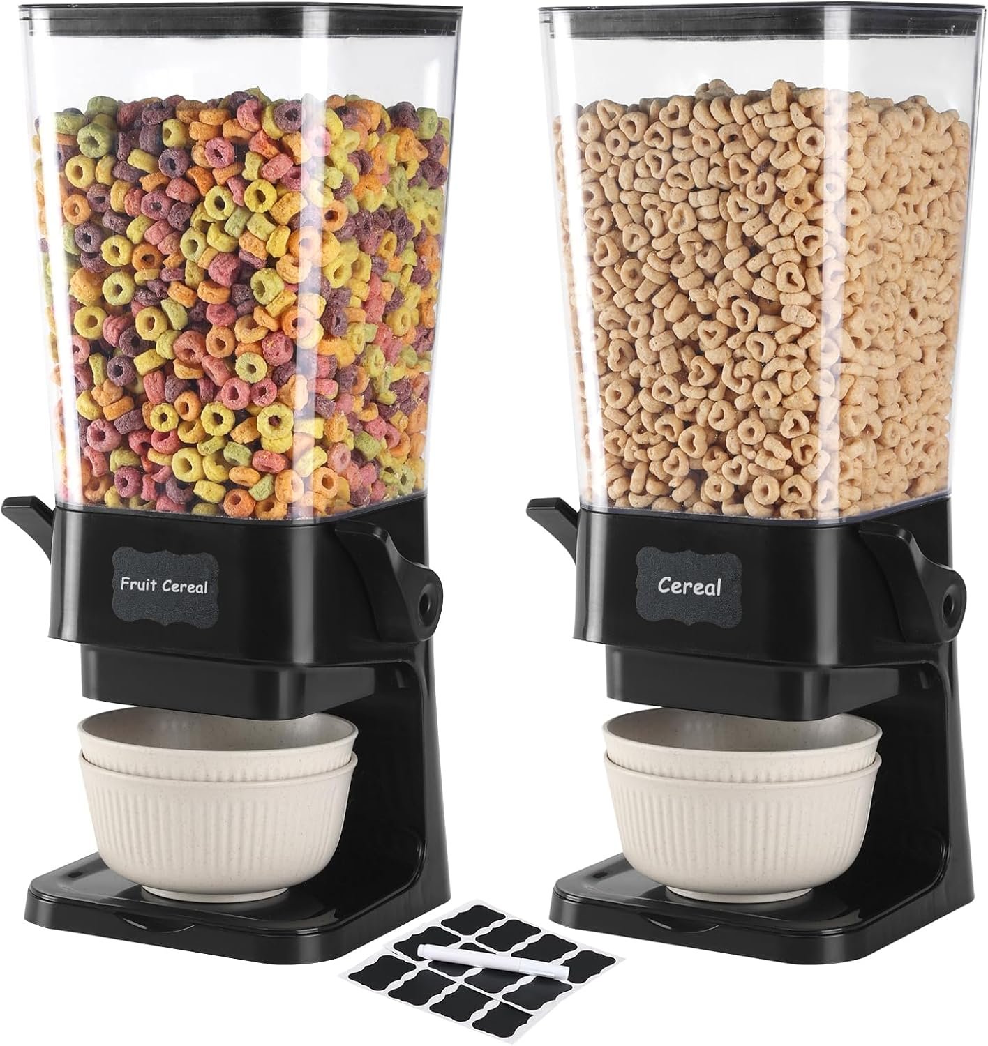 Cereal Dispenser Countertop with Cereal Bowls,16 Labels & Pen, Cereal Containers Storage, Candy Dispenser, Dry Food Dispenser For Pantry – Not Easy to Crush Food (Black, 2 Pack)