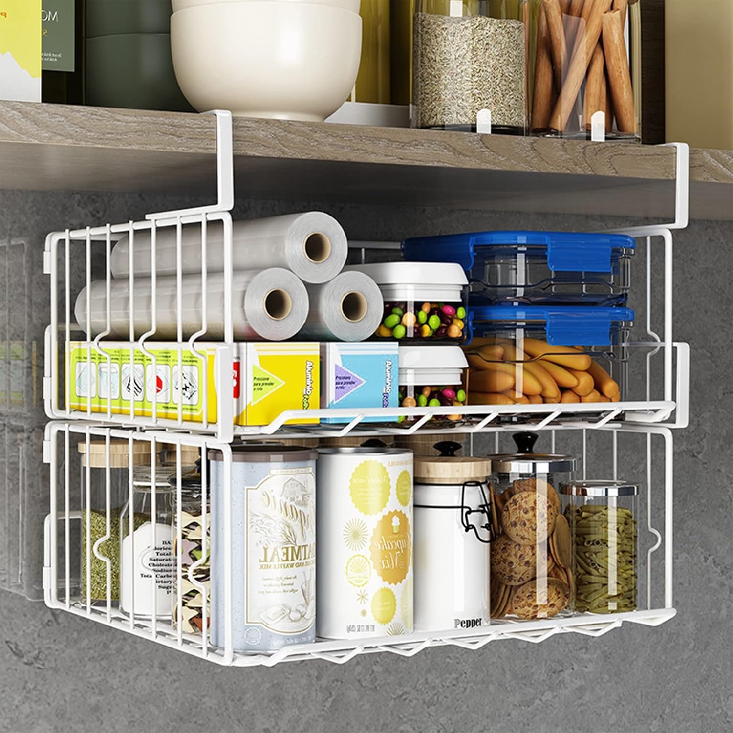 PowerKing Under Shelf Storage Baskets, Foldable Metal Wire Rack Basket, 2 Pack, White | Carbon Steel, Wire Mesk Design, Organizer for Kitchen Cabinets Pantries Bookshelves Desk, Space-Saving Storage Solution