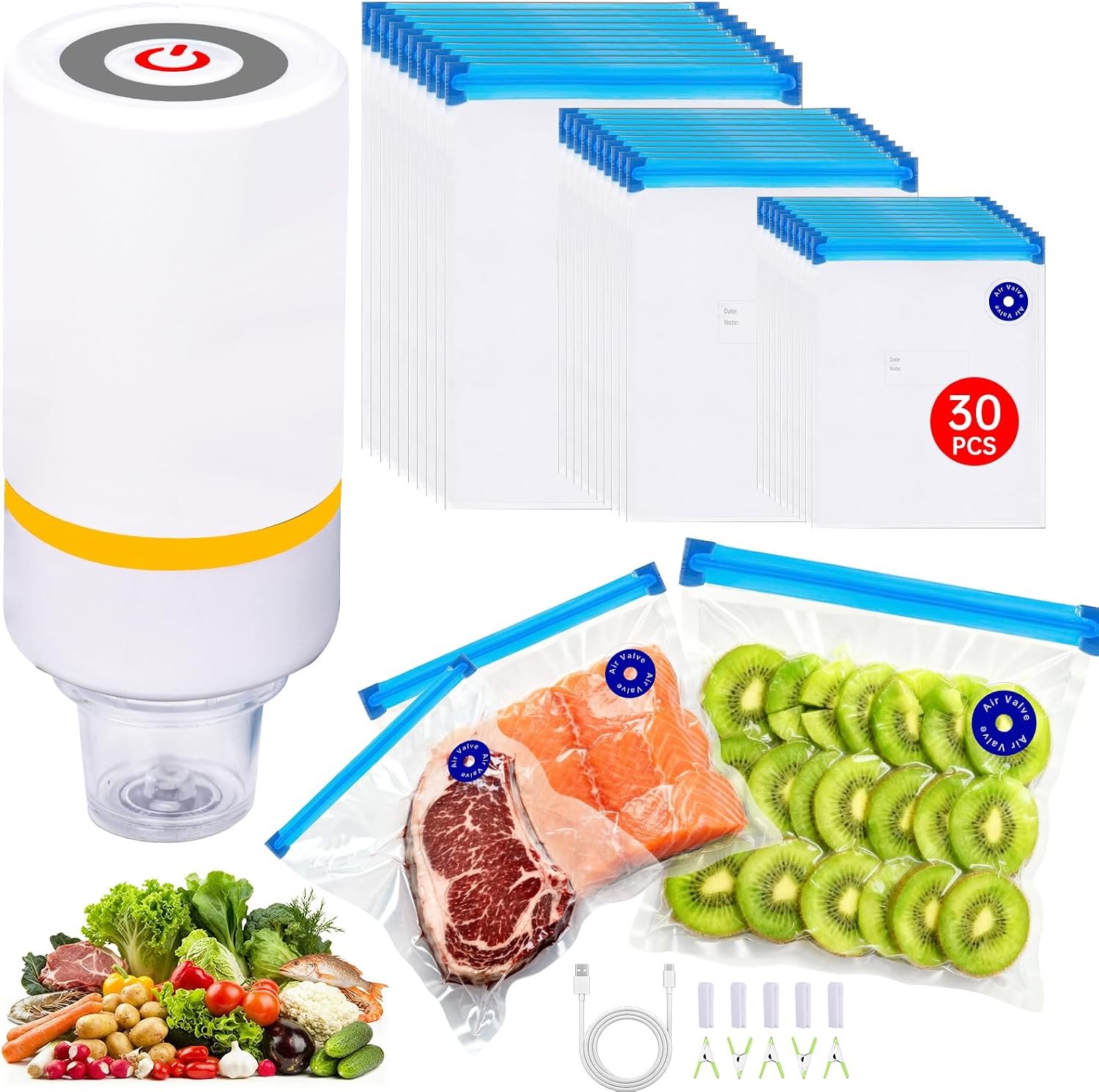42 PCS Sous Vide Vacuum Sealer Set – 30 Reusable Bags, 5 Clips and Sealing Clips for Anova, Joule Cookers