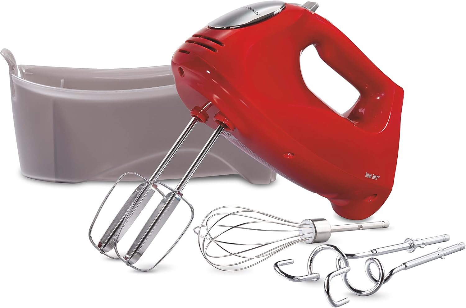 Hamilton Beach 6-Speed Electric Hand Mixer With QuickBurst and Bowl Rest | 275 Watt Motor | Traditional Beaters | Whisk | Dough Hooks | Snap-On Storage Case | Red | 62633G