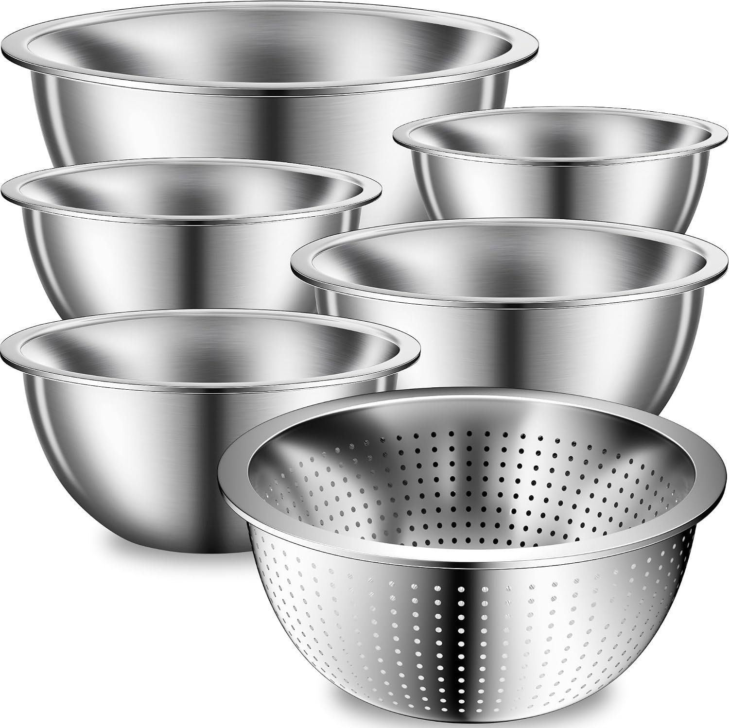DUTZUN Stainless Steel Mixing Bowls with Colander for Baking, Prep, Cooking | Kitchen Appliances – Metal Mixing Bowl Set of 5 (4, 2.2, 1.6, 1.2 & 0.8 QT) plus 3 QT Strainer