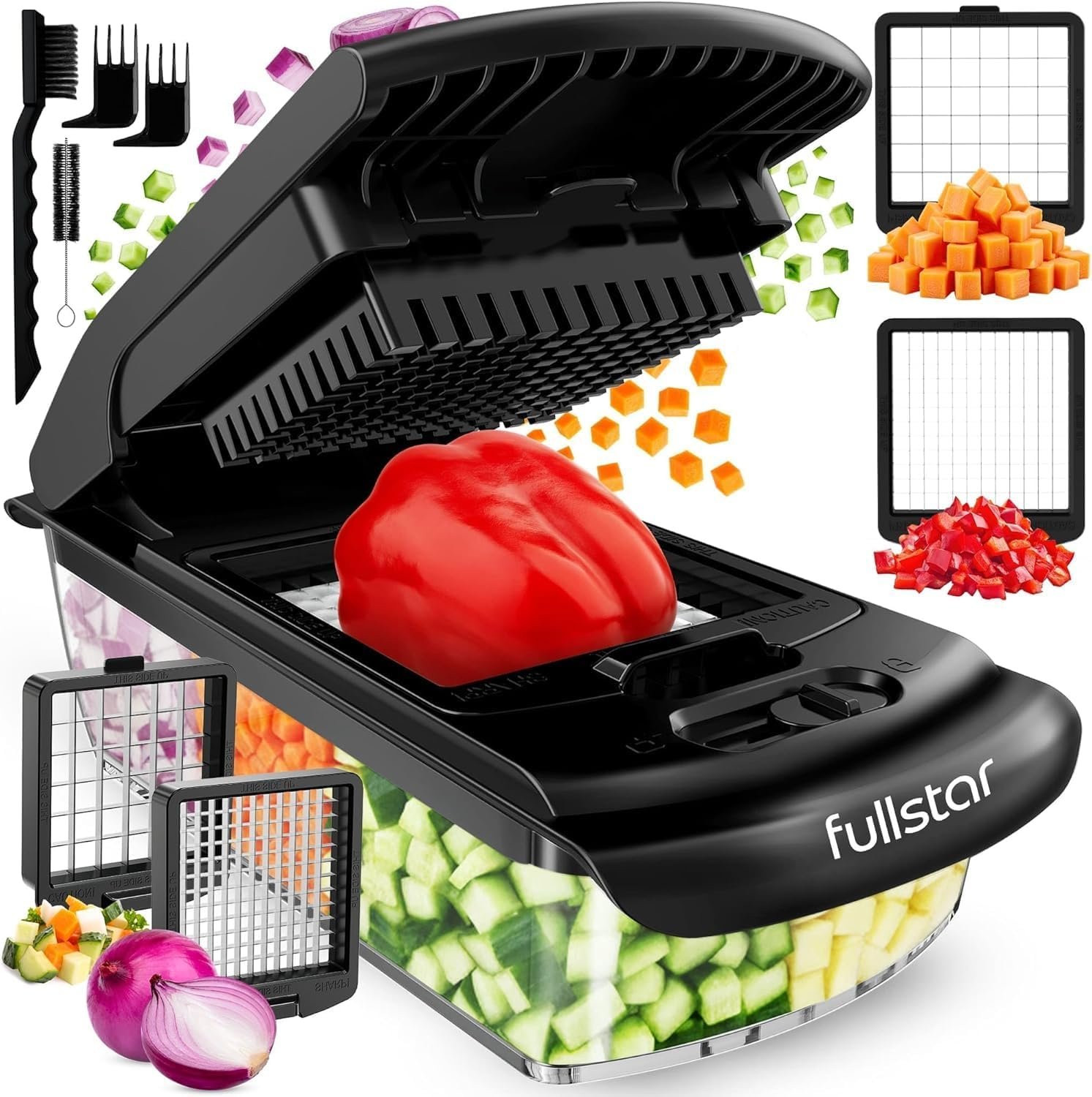 Fullstar Pro Original Vegetable Chopper Kitchen Prep Tool | 2 in 1 Veggie Slicer, Onion & Fruit Cutter with Sharp Stainless Steel Blades & Container, All-in-One Food Prep Tool (Black)