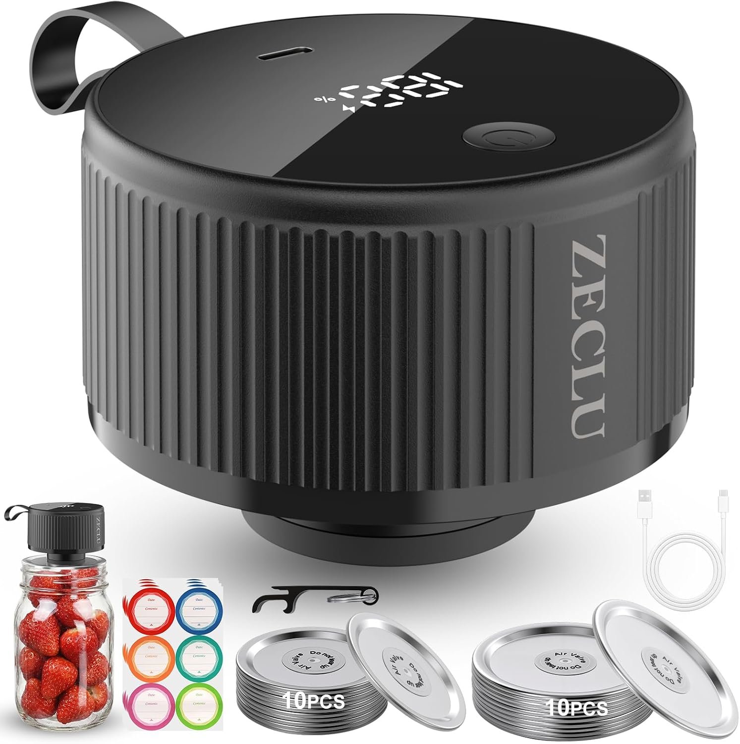 Mason Jar Vacuum Sealer Kit for Wide and Regular Mouth Mason Jars | Portable Cordless Electric Jar Sealer with Automatic One-Touch for Canning & Food Storage (Black)