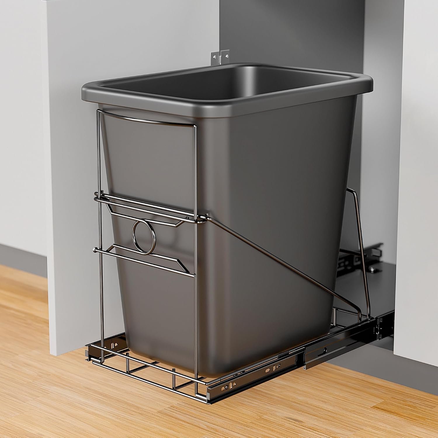 Pull Out Trash Can Holder, Adjustable Heavy Duty Cabinet Slide Out Kit for 7-11 Gallon Trash Cans, Under Sink Trash Can Rack with Smooth Ball Bearing Slides, Black, Trash Can Not Included