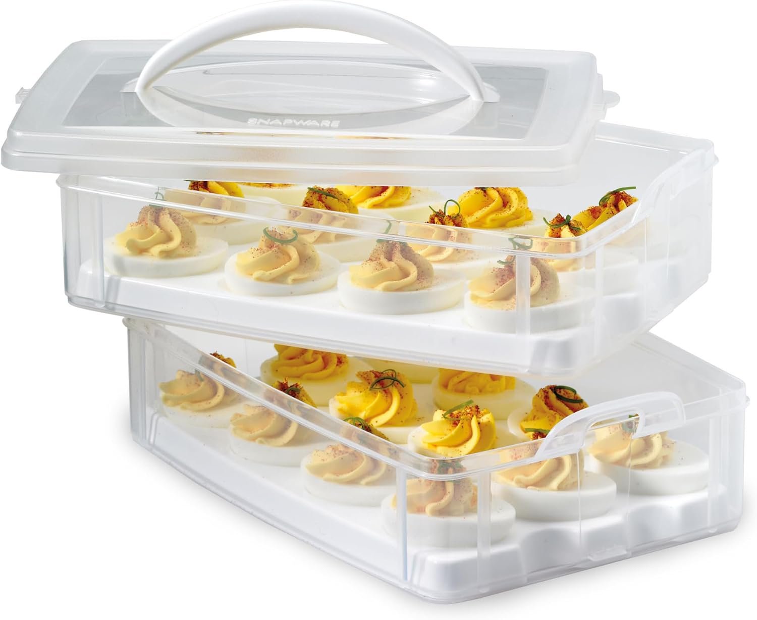 Snapware (2-Layer, 24 Eggs) Plastic Detachable Deviled Egg Carrier Storage Container With Lid and Handle, Freezer Dishwasher Microwave Safe | 24-Egg Capacity | 2-Layer Design | BPA-Free Plastic | Freezer Safe | Top-Rack Dishwasher Safe | Detachable Layers