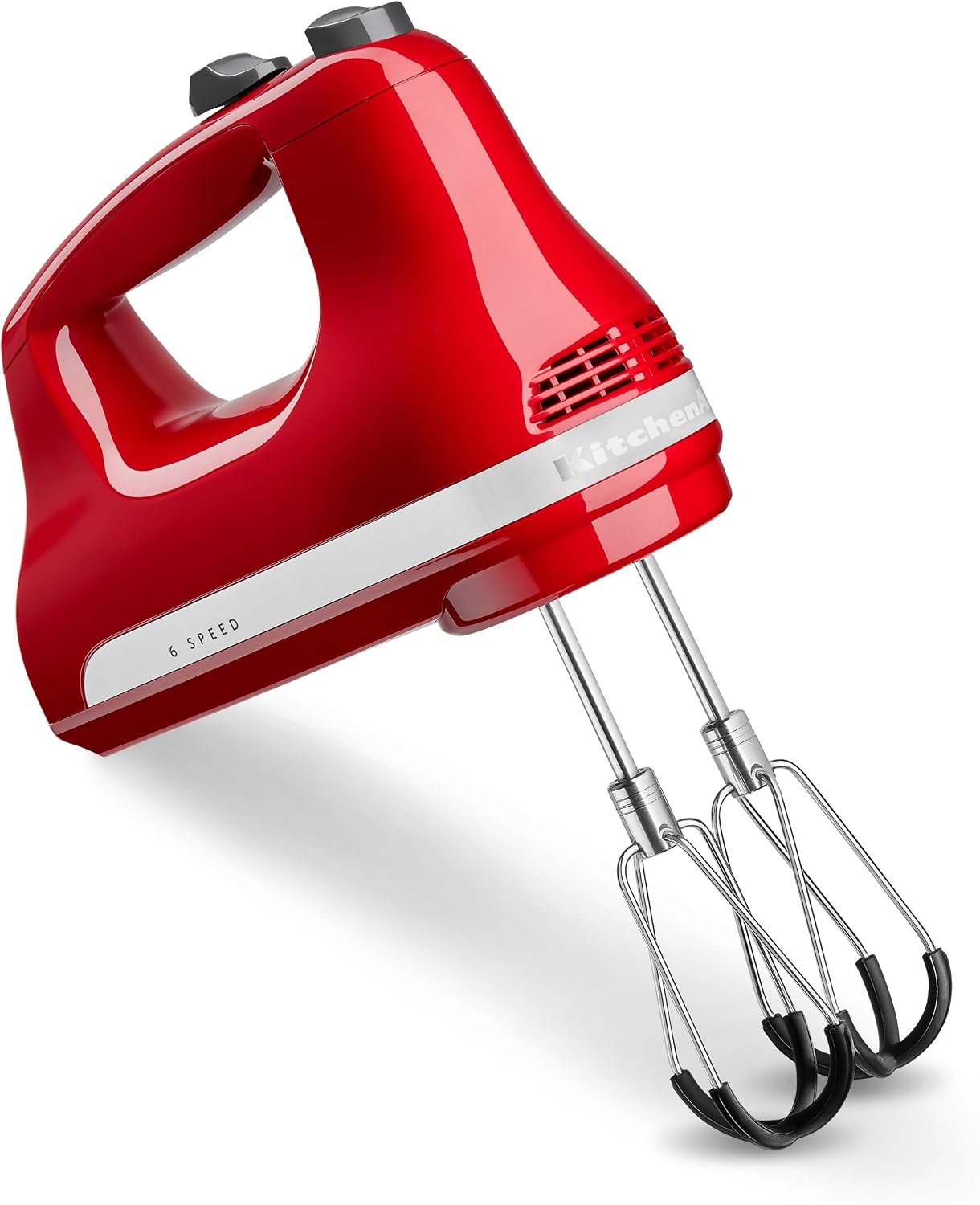 KitchenAid 6 Speed Hand Mixer w/Flex Edge Beaters, KHM6118, Empire Red | 6 Speeds, Dishwasher-safe Flex Edge Beaters, Integrated storage clip. Pro whisk Attachment