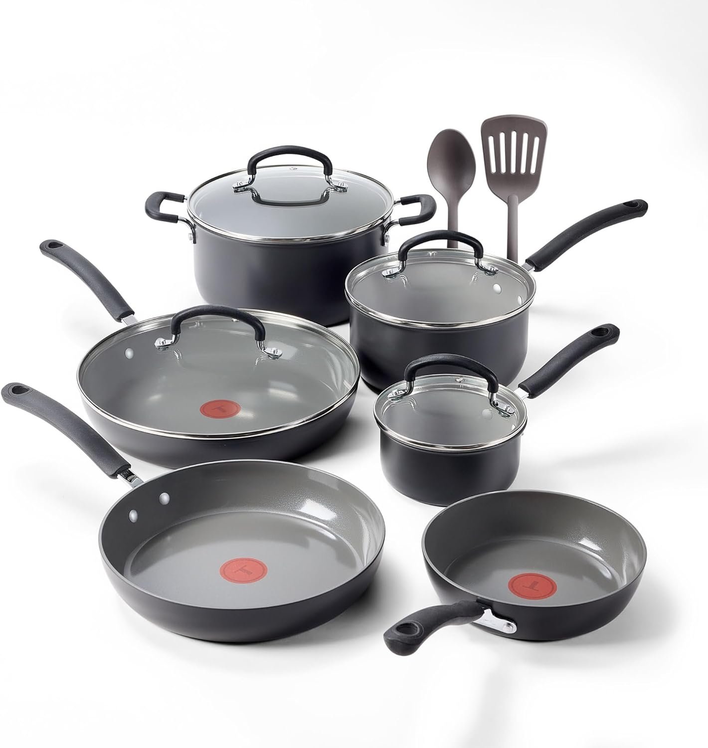 T-Fal Ultimate Hard Anodized 12-Piece Ceramic Nonstick Cookware Set, Oven Safe Up to 400°F, Ceramic Pots and Pans Set, Frying Pans, Saucepan, Stockpot, Cooking Utensils, Stone