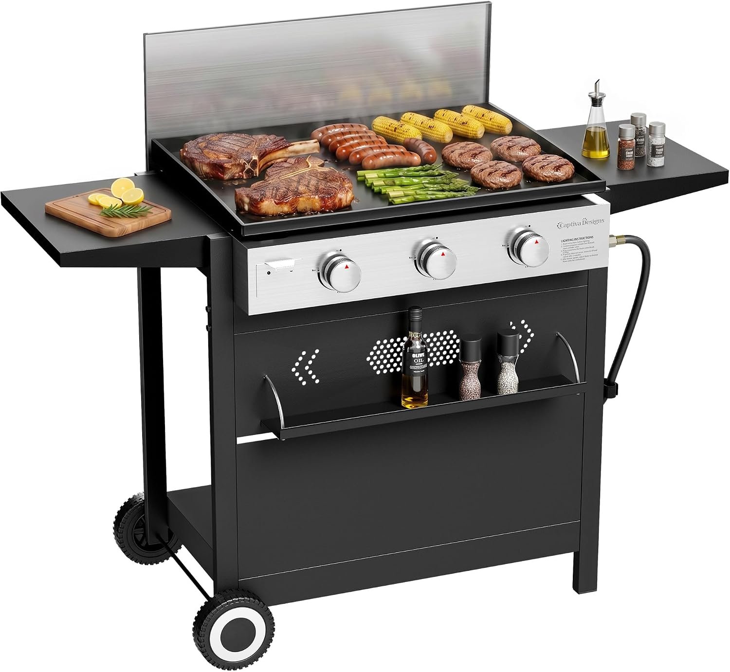 Captiva Designs Griddle Propane Gas Grill Detachable Table Top Grill | 28″ Flat Top with Ceramic Coated Cast Iron Pan, 3-Burner Grills, 33,000 BTU Output for Outdoor Barbecue, Cooking and Party