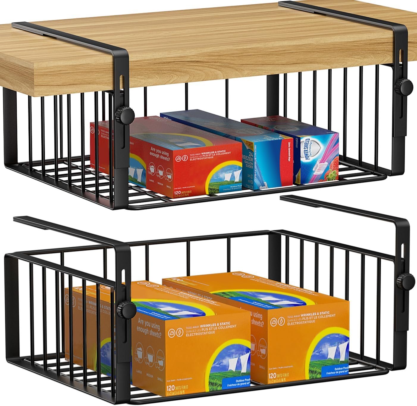 AmonHouseware 2Pack Under Shelf Basket Storage,Adjustable Hanging,Black | Under Cabinet Shelf Add-on, Slide-in Baskets,Organizer for Laundry Room Kitchen Pantry Desk Bookshelf Counter Cupboard
