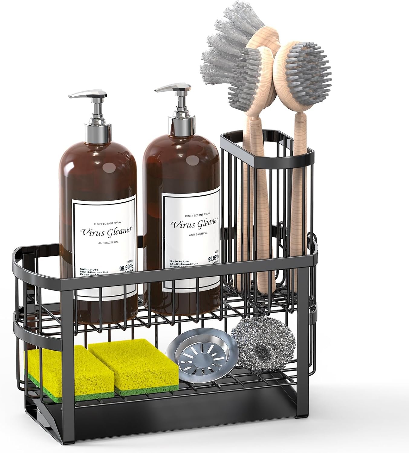 Kitchen Sink Organizer Caddy, 2 Tier Sink Caddy Organizer with High Brush Holder, Rust-Proof Countertop Rack (Black 10.6 * 4.3 * 5.7″) for Kitchen Accessories & Dish Brushes