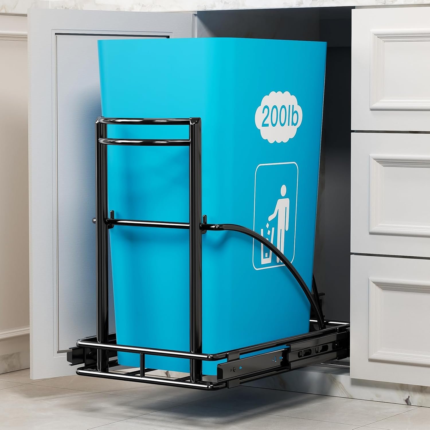 Under Sink Trash Can Pull Out, Fits 7-13 Gal/50 Qt Bins | Under-counter kitchen pull-out kit; No garbage bin; Fits min. 13″W x 17″D x 17″H cabinets; Waste storage organizer Black