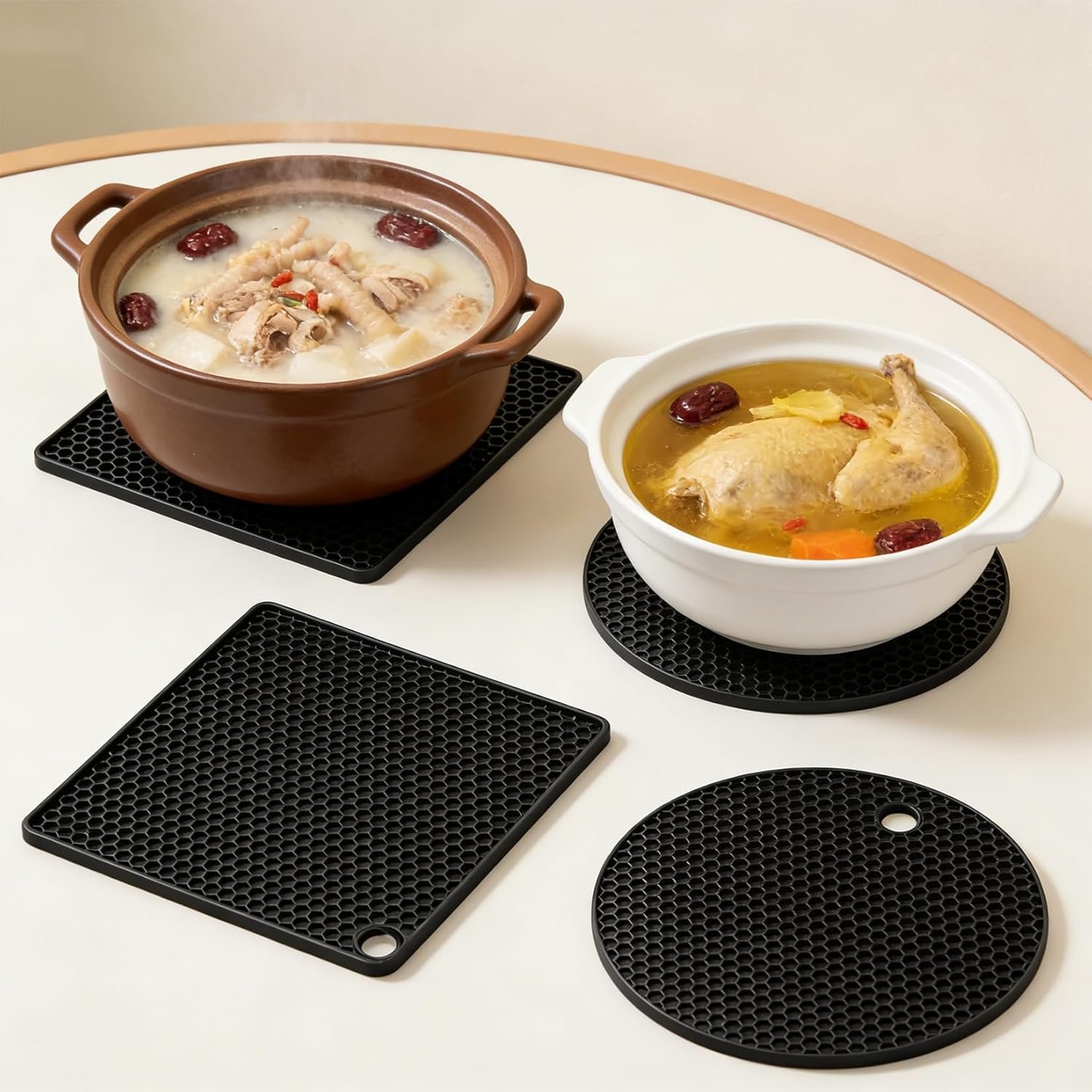 4 Pack Silicone Trivet Mats for Hot Pots and Pans, Heat Resistant Kitchen Countertop Protectors, Non-Slip Hot Pads & Spoon Rest, Multi-Purpose Jar Opener & Coasters, Dishwasher Safe, Black