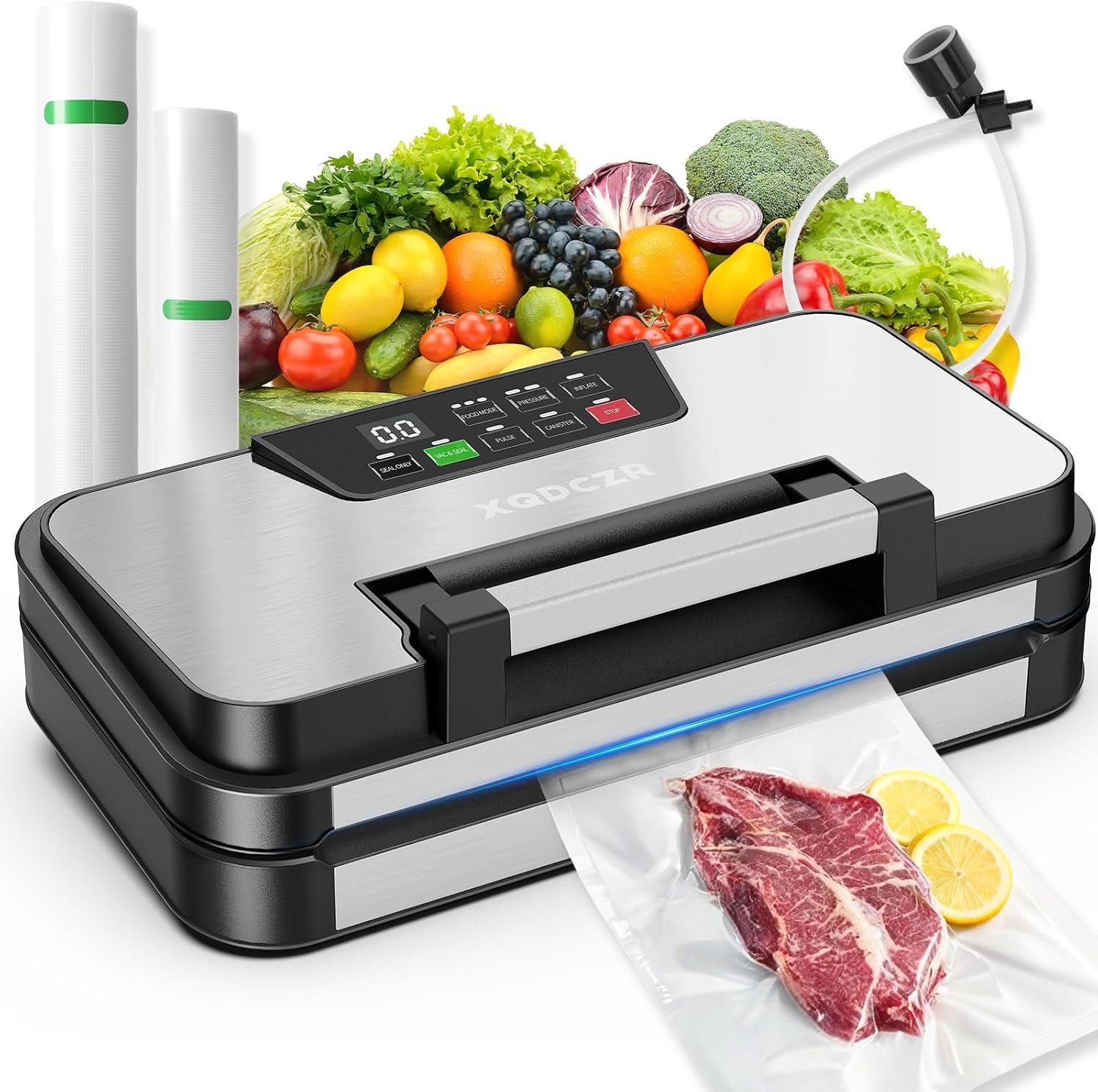 95kPa Vacuum Sealer, 10-in-1 Food Sealing System with Double Heat Seal | Built-in Cutter & Bag Storage, Easy-Lock Handle, Hose, 2 Bag Rolls, Durable Stainless Steel Design