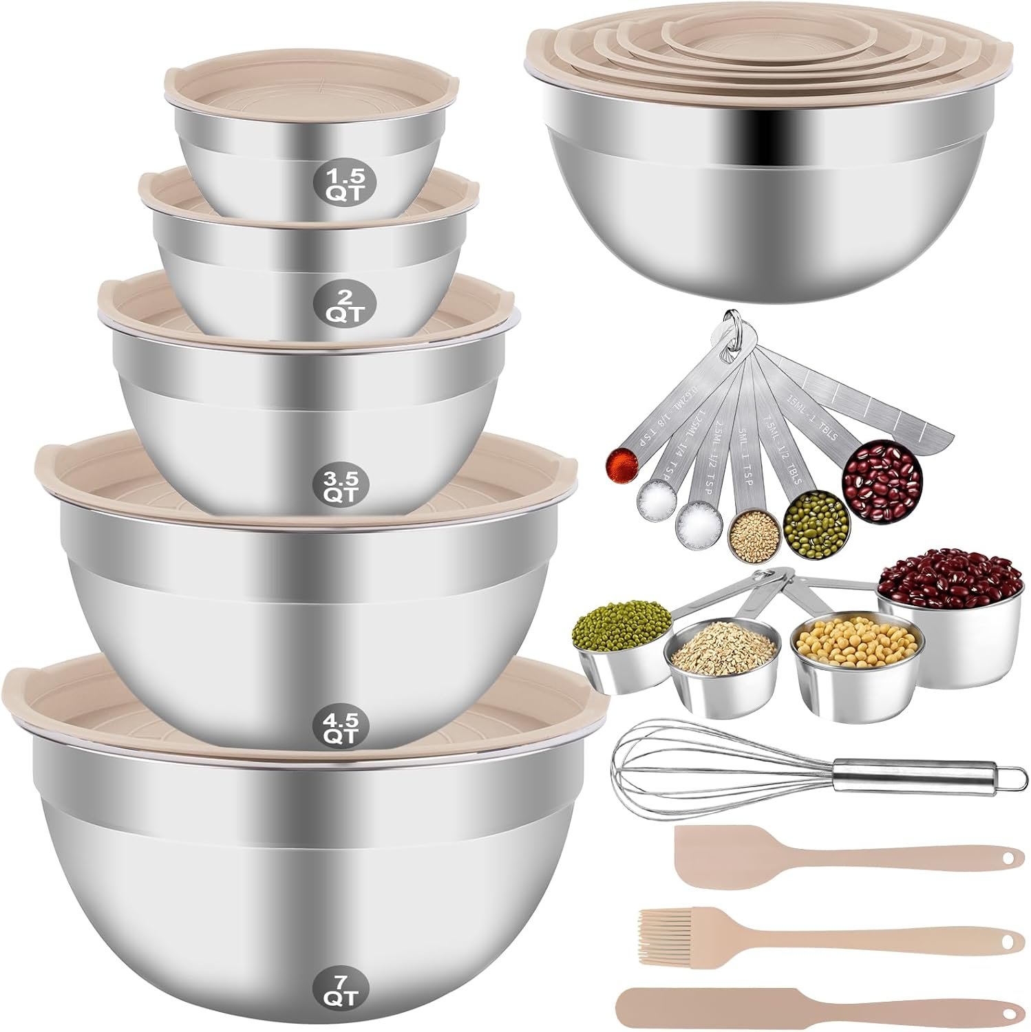 WEPSEN Mixing Bowls Set, 25PCS Khaki Mixing Bowls With Lids Set Stainless Steel Kitchen Large Nesting Metal Bowl 7QT to 1.5QT, Measuring Cups and Spoons for Prepping Cooking Serving