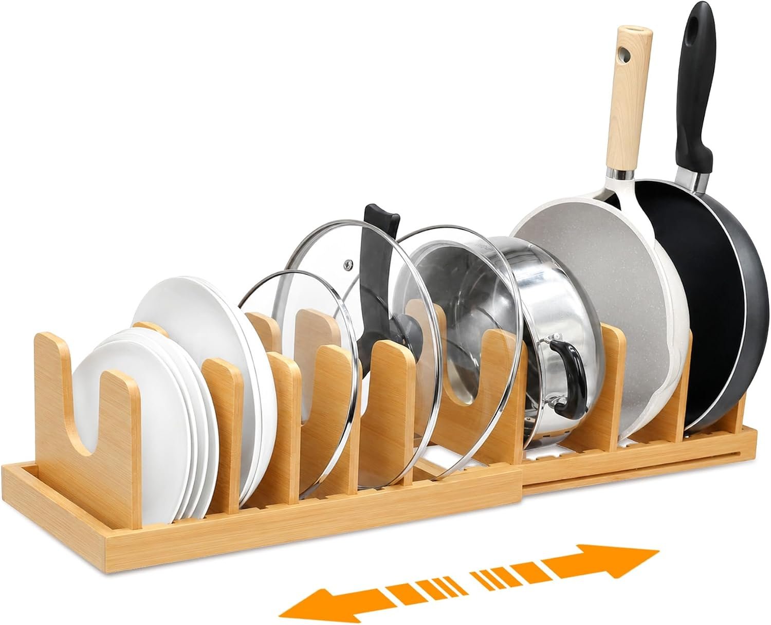 MinBoo Bamboo Expandable Pot Lid Organizer, Pot and Pan Organizer Drawer Organizer for Pot Lids, Adjustable 10 U-Shaped Dividers for Kitchen Cabinet Organizers and Storage (Bamboo-1)