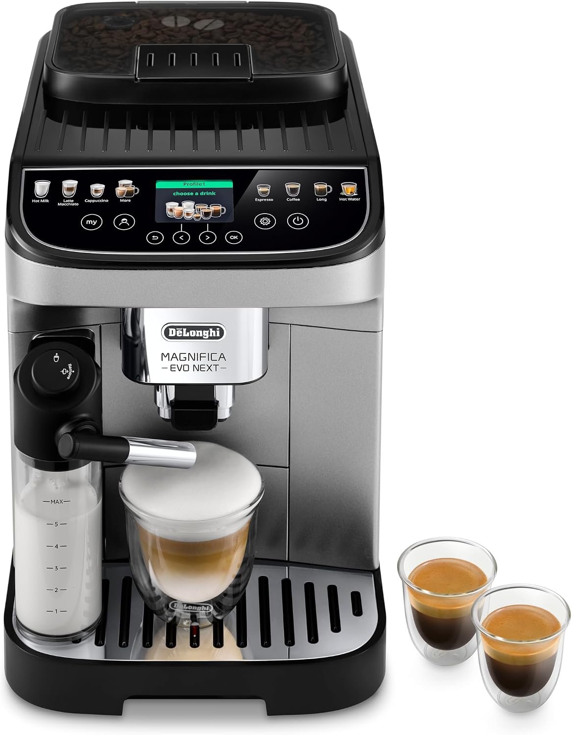 De’Longhi Magnifica Evo Next Automatic Espresso Machine, Frother, Silver | #1 Worldwide Espresso Machine Maker, 13 One-Touch Recipes, Frother, Built-In Grinder, 3 User Profiles
