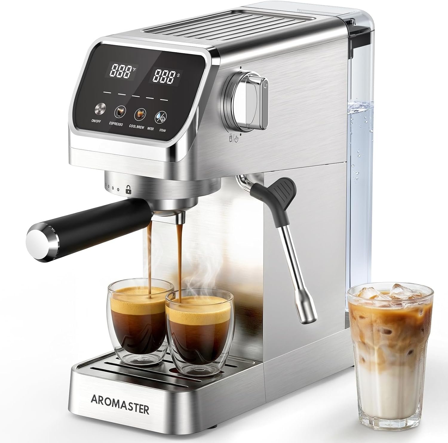 Aromaster 1400W Espresso Machine with Milk Frother, Stainless Steel | One-Touch Descaling, 20 Bar, Compact Espresso Maker for Latte Cappuccino Home Use, Removable 37oz Water Tank, Touch Screen
