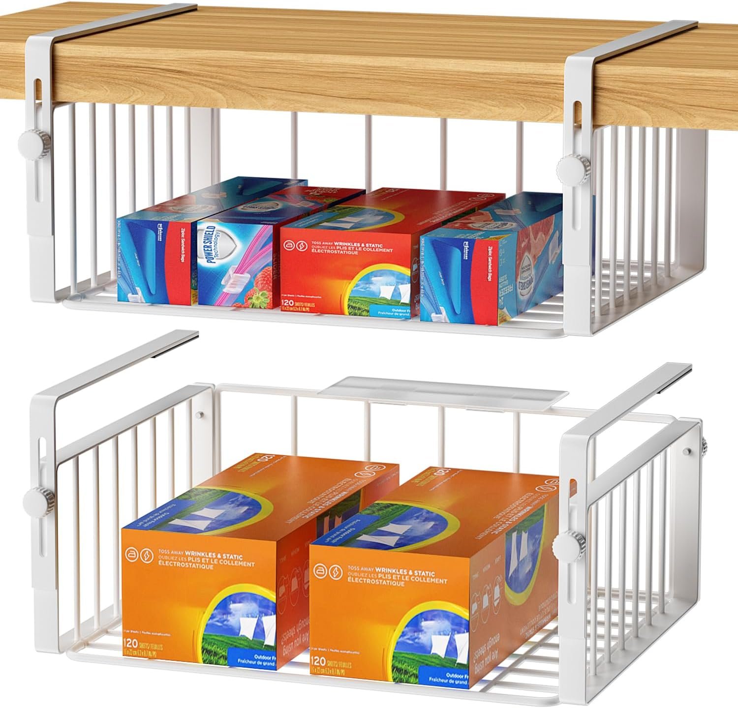 AmonHouseware 2Pack Under Shelf Storage Basket Organizer, White | Adjustable Hanging,Under Cabinet Add-on, Slide-in Baskets, for Laundry Room Kitchen Pantry Desk Bookshelf Counter Cupboard