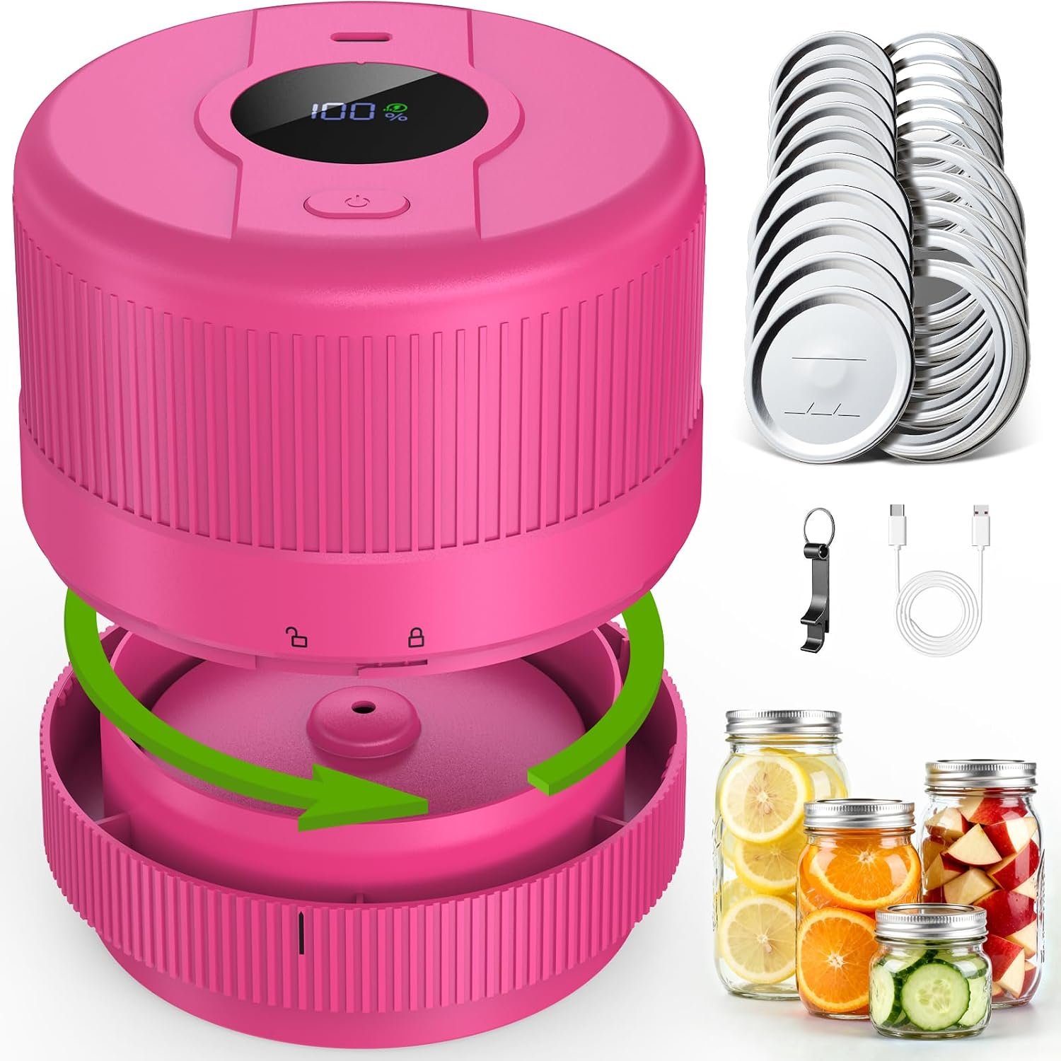 Mason Jar Vacuum Sealer Kit, Electric Sealer for Wide and Regular Mouth Mason Lids, Canning Vacuum Sealer Mason Jar, Automatic Vacuum Sealer Machine for Food Storage – Rose Red