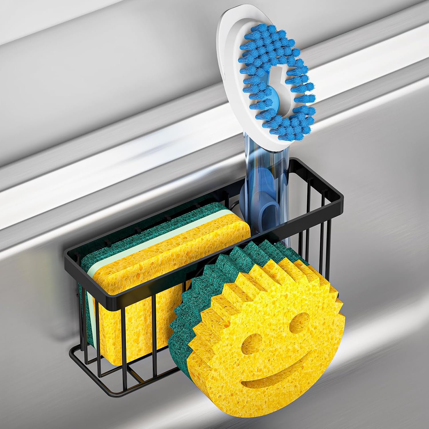 MURLONG Sponge Holder Smiley Face, Sink Organizer with 2 Suction Cups/1 Adhesive Strips, Designed for Sponge, Soap, Dish Brush, Scrubber – Black