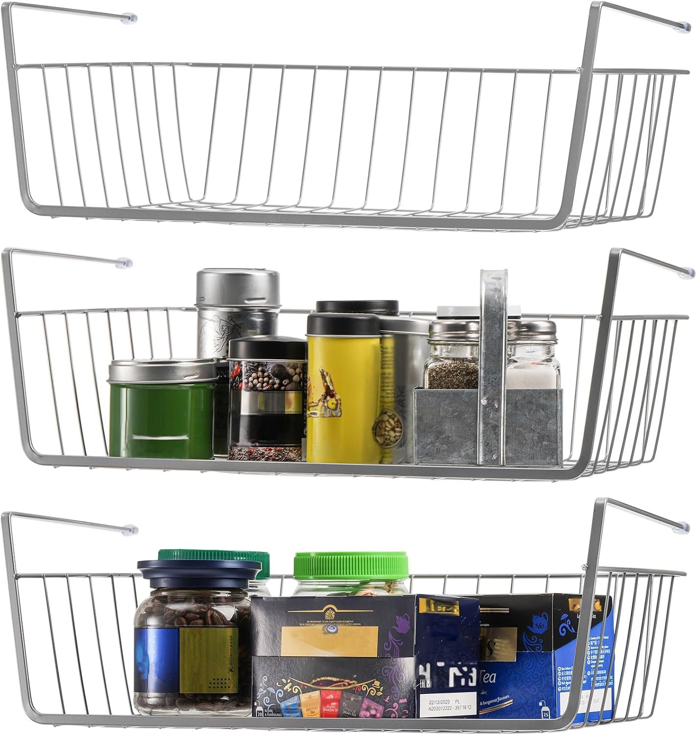 3 Pack Under Shelf Baskets, 15 x 10 x 5.5 Inch Slide in Wire Hanging Storage Baskets Under Cabinet Shelf Storage Baskets for Kitchen Pantry Cupboard Dorm Room Closet Bookshelf, Large