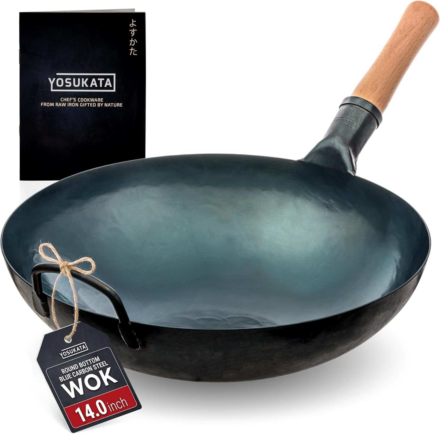 YOSUKATA 14” Round Bottom Carbon Steel Wok Pan – Blue Pre-Seasoned Pow Wok for Stir Fry, BBQ & Camping – Traditional Japanese & Chinese Cookware – Compatible with Gas Stoves & Open Fire Only