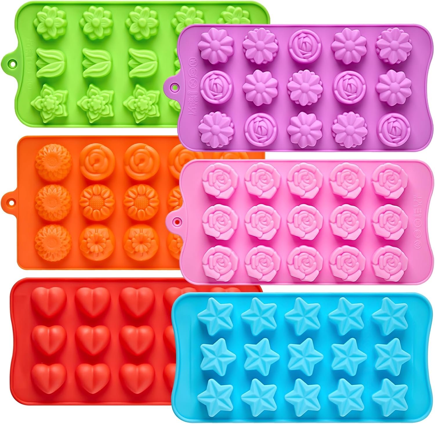 Flower Silicone Molds for Chocolate, 6 Pcs, 15-Cavity | Include Rose Heart Star Shapes, For Candy, Ice Cube, Butter, Jello