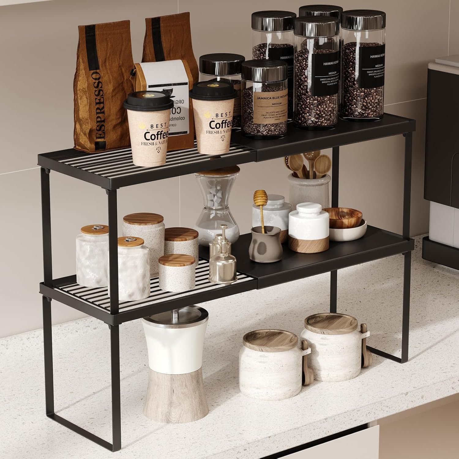 Magheo Expandable Kitchen Countertop Organizer, 2 Pack Stackable Cabinet Shelf Risers, Metal Spice Rack Heavy Duty Counter Organizer Storage for Kitchen, Pantry, Cupboard, Rv (8.7in Height,Black)