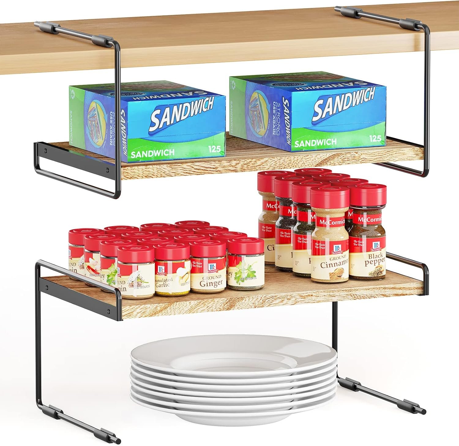 SpaceAid Cabinet Shelf Organizers 2 Pack, Kitchen Counter Organizer Rack Under Shelves Riser, Pantry Cupboard Storage Organization, Metal and Wood, Black and Natural, 16″ Wide