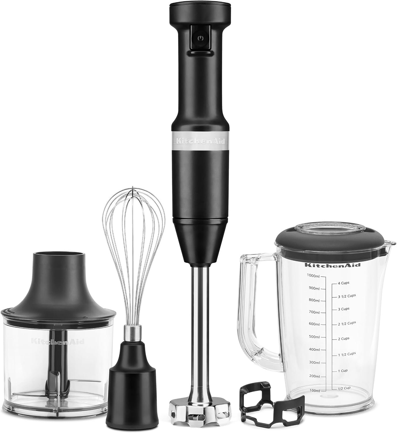 KitchenAid Variable Speed Corded Hand Blender with Attachments, KHBV83 | Includes Blending Pitcher, Whisk, And Chopper Attachments, Removable 8″ Blending Arm, Variable Speed Trigger, Black Matte