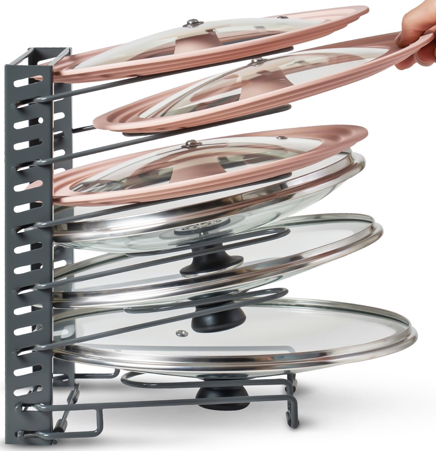 Free-Standing Adjustable Pot Lid Organizer for Cabinet – Kitchen Storage Rack 6 Adjustable Shelves, Pot Lid Holder, Pan and Pot Rack Organizer, Pantry & Inside Cabinet Organizer (13” Clearance)