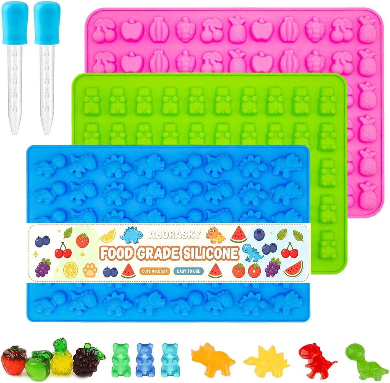 Gummy Candy Molds – Silicone Mini Gummy Bear/Dinosaur/Fruit Snack Molds with 2pcs Dropper,Non-stick and Bpa Free for Candy Chocolate Gummies Baking