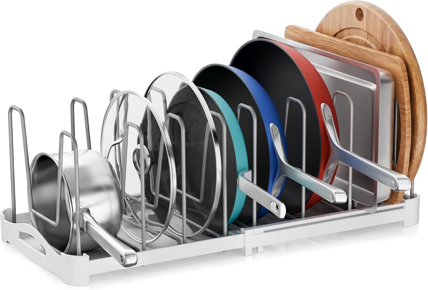 EVERIE Adjustable Cabinet Organizer for Pot Lids, Bakeware, Cookie Sheets & Cutting Boards, Upright Storage Rack for Kitchen Cabinet, Stable Dividers, 9.7″ Deep, 12.6″ to 21.5″ Wide, GS02SS | 5mm Steel Dividers, Anti-Wobble, M-Slot for Lid Handles, BPA-Free, for Cutting Boards, Cookie Sheets, Bakeware