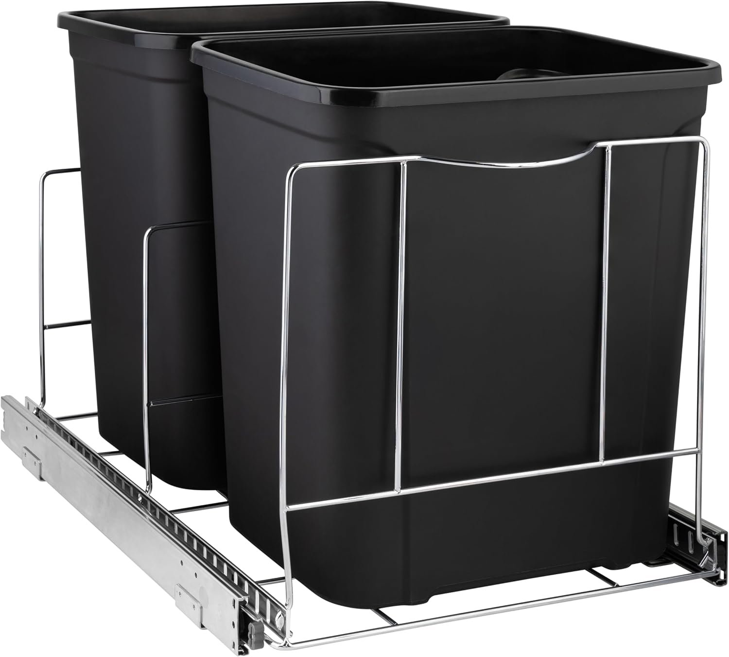 Pull Out Trash Can for Kitchen Cabinet, Double 9 Gallon / 36 Qt Bin Rack | Under Cabinet Garbage & Recycling Bin Rack, Chrome Sliding Organizer, Fits 17.75” W x 21.75” D Cabinets, Bins Not Included