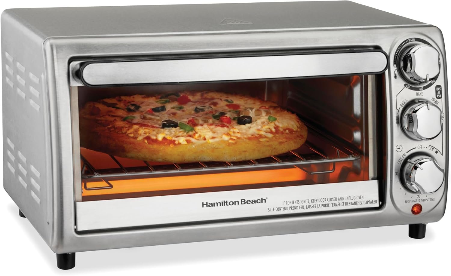 Hamilton Beach 4 Slice Countertop Toaster Oven with 5 Cooking Modes | Bake, Broil, Toast, Keep Warm, Bagel | Stay On & Auto Shutoff | 2 Rack Positions | 200-450° F | Stainless Steel | 31143J