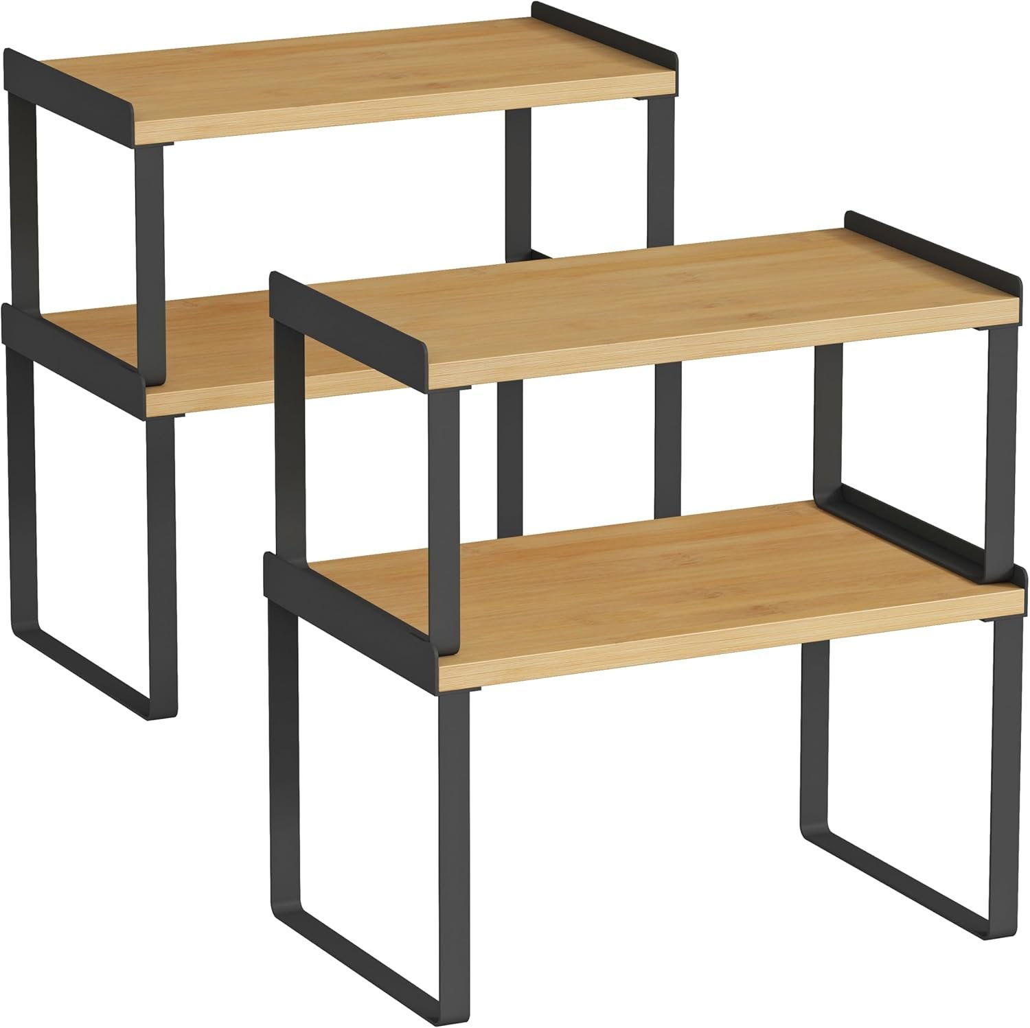 Goozii Cabinet Shelf Organizer Set of 4, Kitchen Counter Shelf Riser for Plates Dishes Cups Mugs Spices, Pantry Cupboard Cabinet Organizers and Storage Shelves Rack Insert for Countertop (Bamboo Wood)