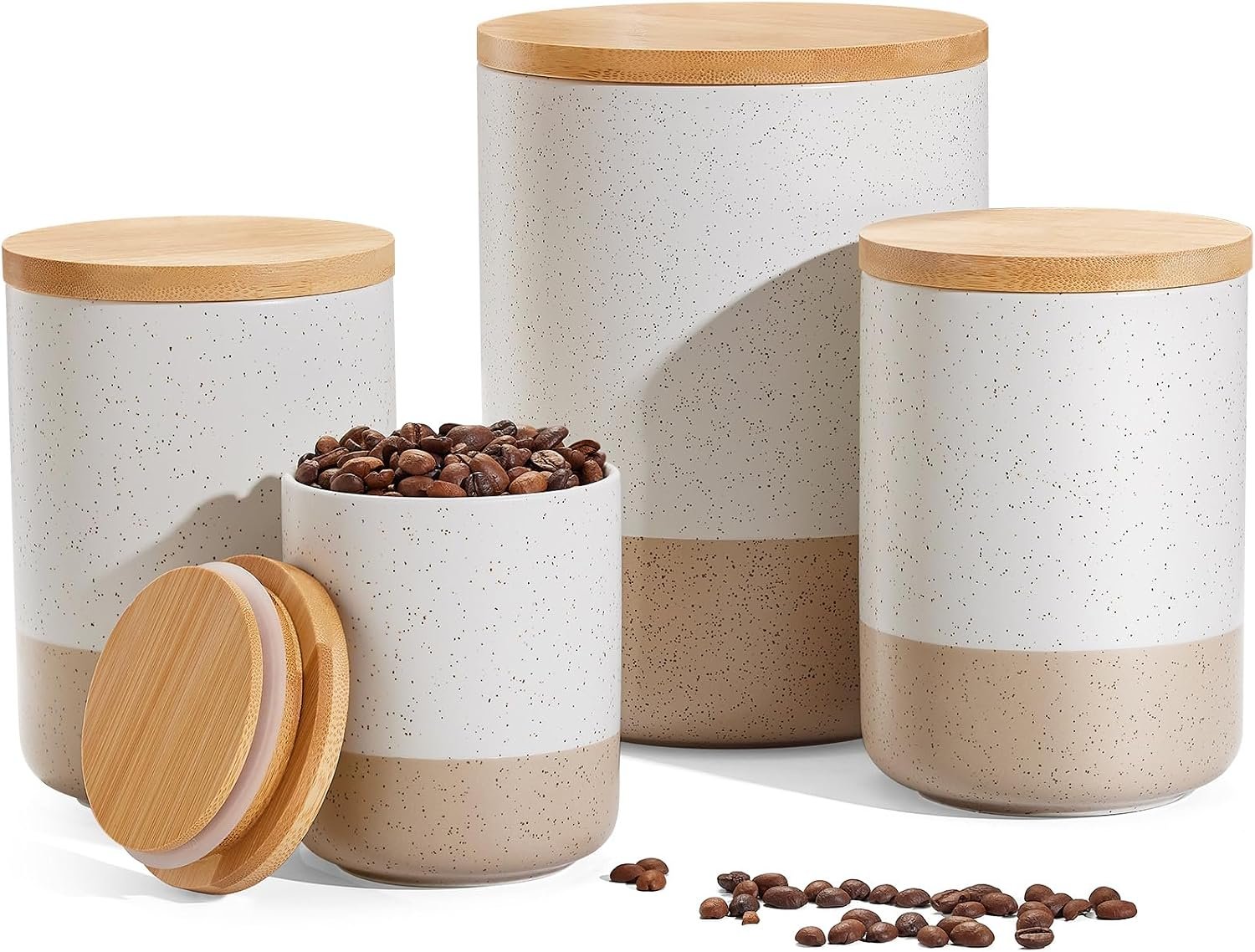 Canisters Sets for Kitchen Countertop-Set of 4 Ceramic Kitchen Canisters Food Storage Jar with Airtight Wood Lids & Spoons & Label,Large Flour and Sugar Containers for Serving Ground Coffee