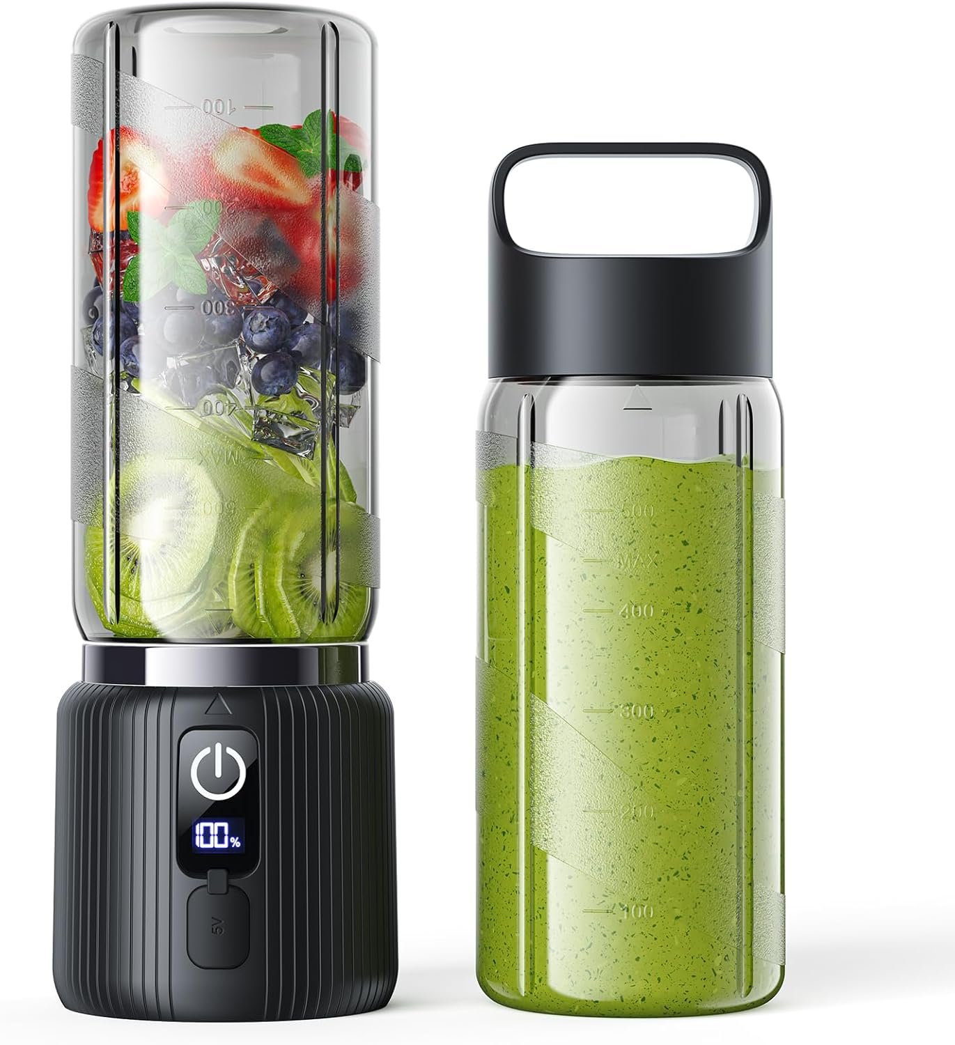 COKUNST Portable Blender, Small Smoothie & Shake Maker with LED Display | 8 Blades, 22000 RPM, USB C Rechargeable Personal Blender, Extra Lid, lightweight for Travel, Office, Home, 17oz, Black