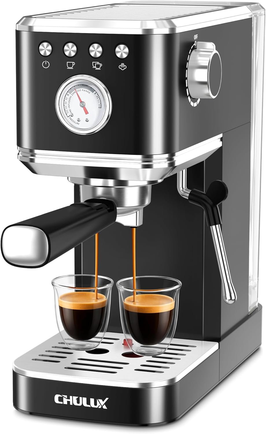 CHULUX Slim Espresso Machine with Milk Frother for Home Cappuccino, Black | Precise Pressure Gauge, Food-Grade Materials, 20 Bar Italian Pump, Professional Temperature Control System, Stainless Steel