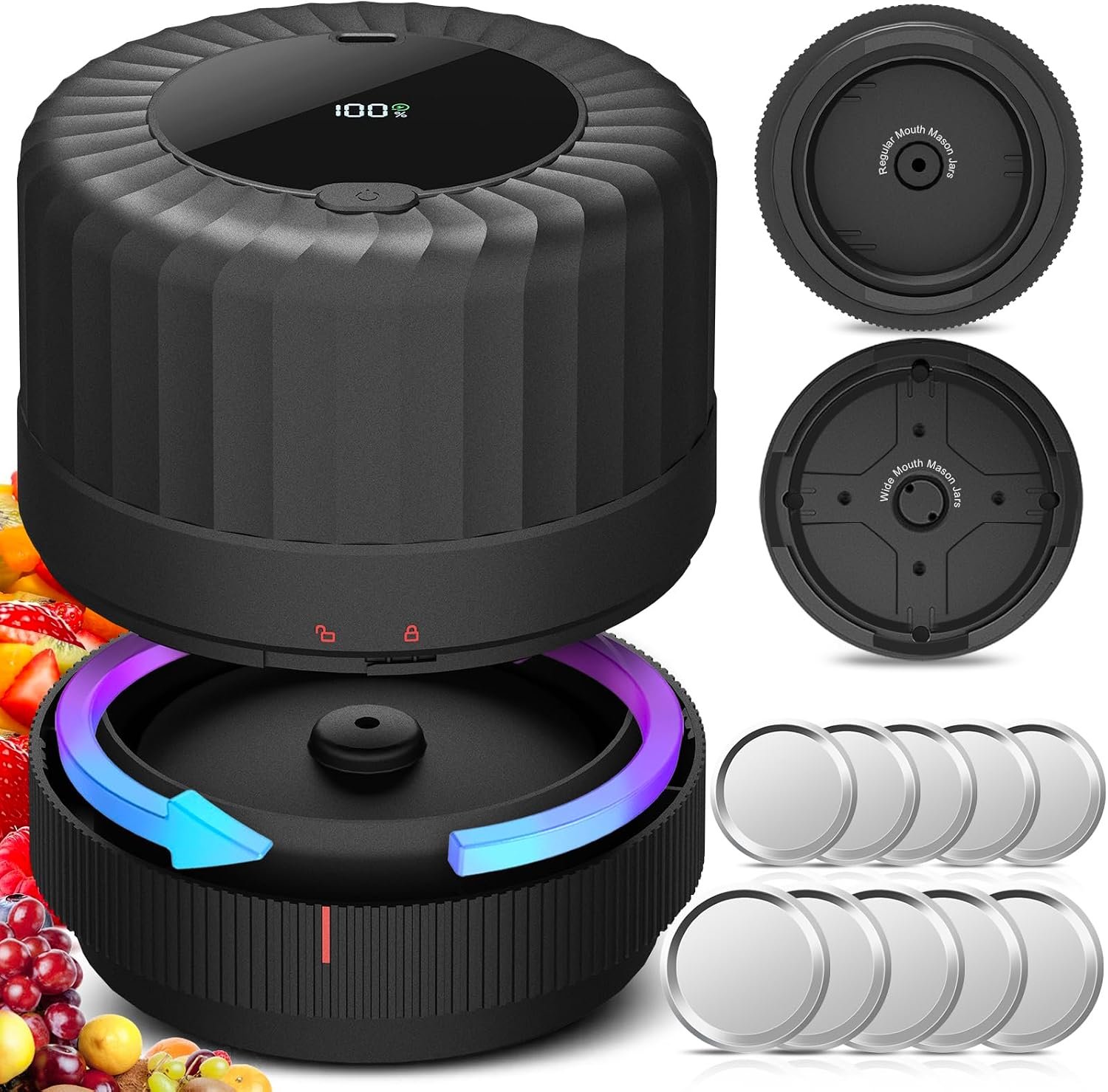 2026 Latest Electric Mason Jar Vacuum Sealer Kit with 10 Canning Lids | -80kpa Vacuum Pump One Touch Canning Sealing Machine for Food Storage